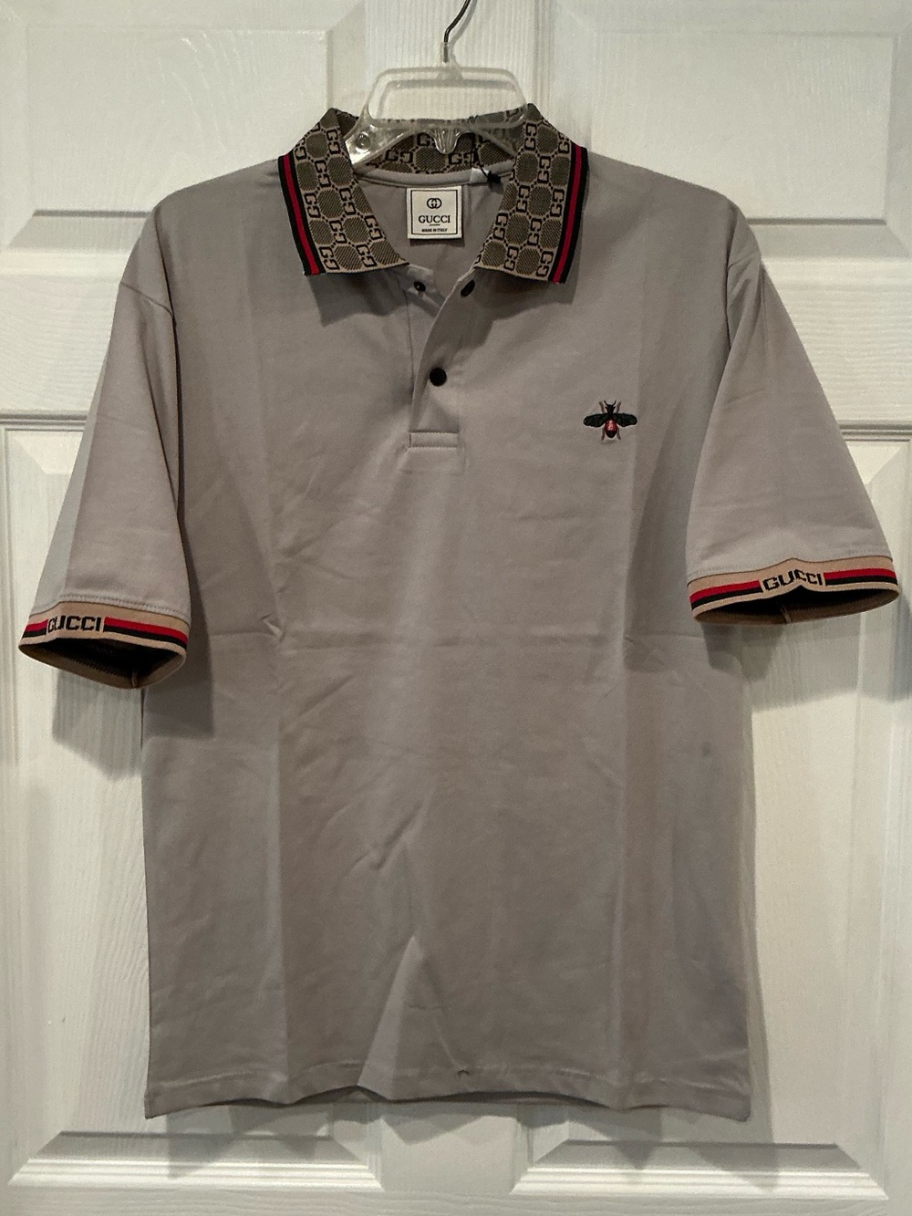 Gucci Gray Polo with GG Collar and Bee Motif